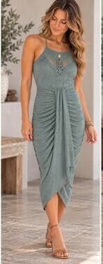 ChicMe Sage Green Crochet Halter Ruched Maxi Dress Open Back size small